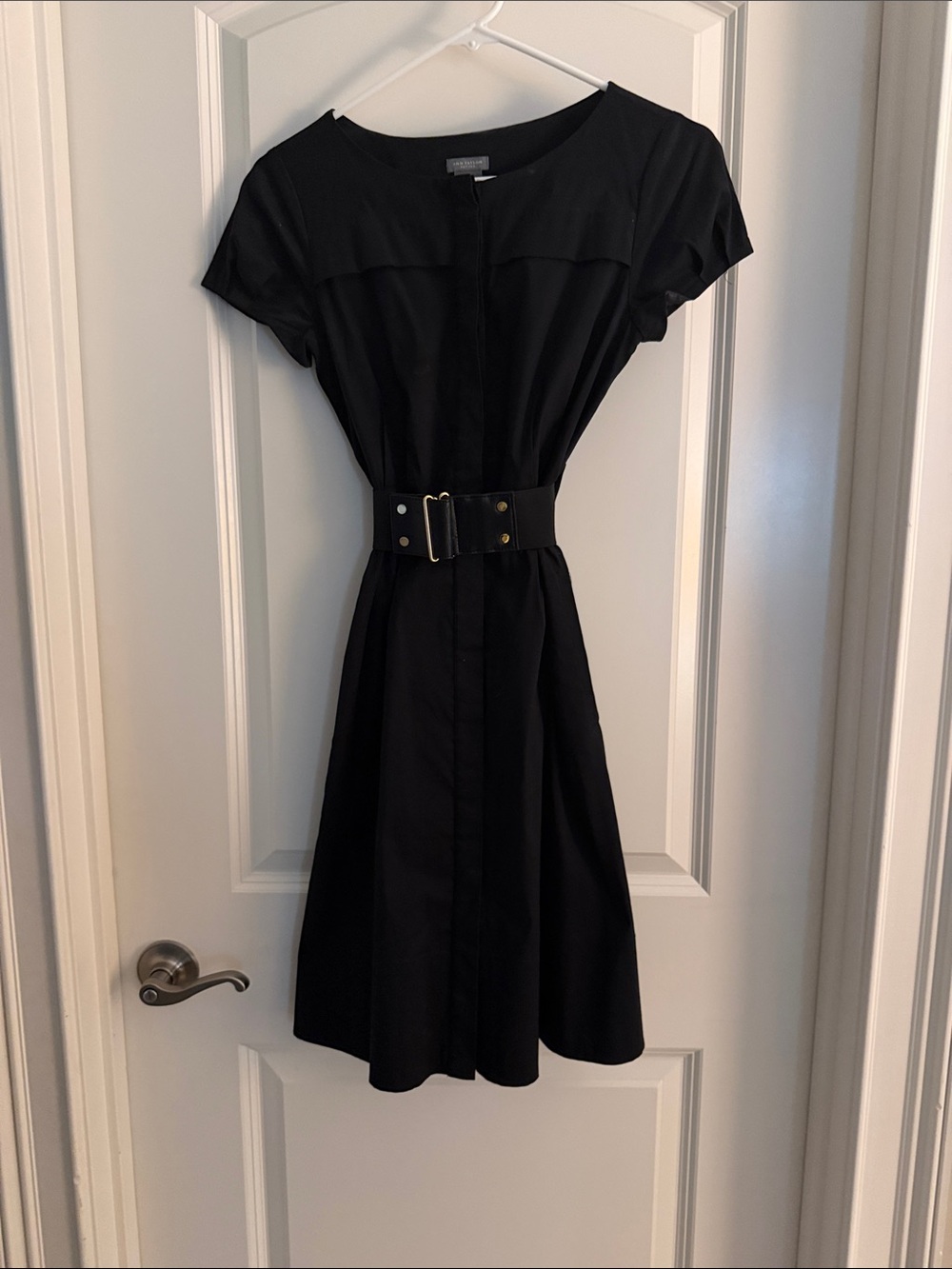 Ann Taylor Black Short-Sleeve Belted Fit-and-Flare Dress